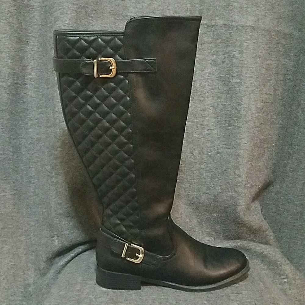 Wide calf quilted leather look riding style boot